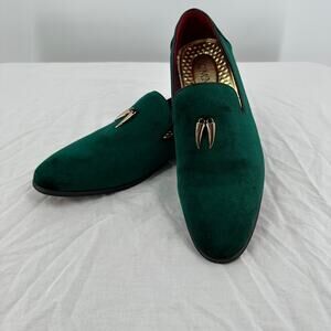 CMM Mens Shoes Sz 12.5 Green Velvet Loafers Gold Tassels Holiday Party Christmas